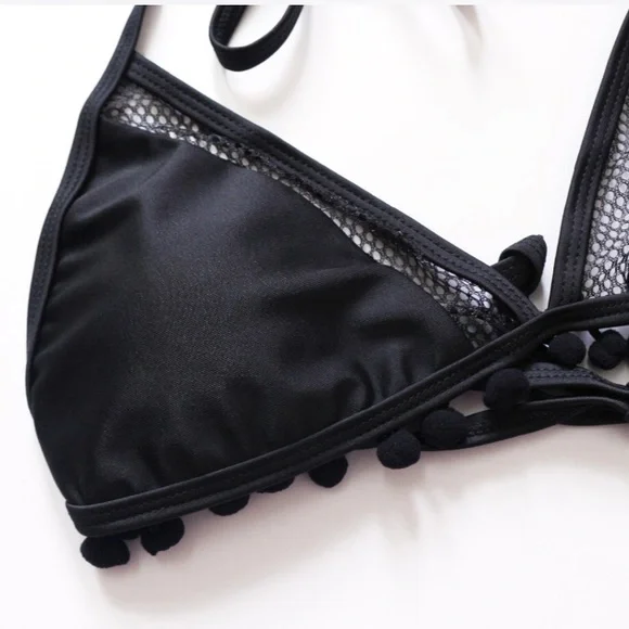 SOLD OUT Black Pompom Mesh High Waist Halter Bikini - Picture 3 of 6